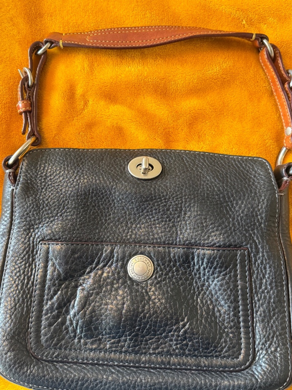 Vintage Coach Black & Tan Pebbled Leather Shoulder Bag